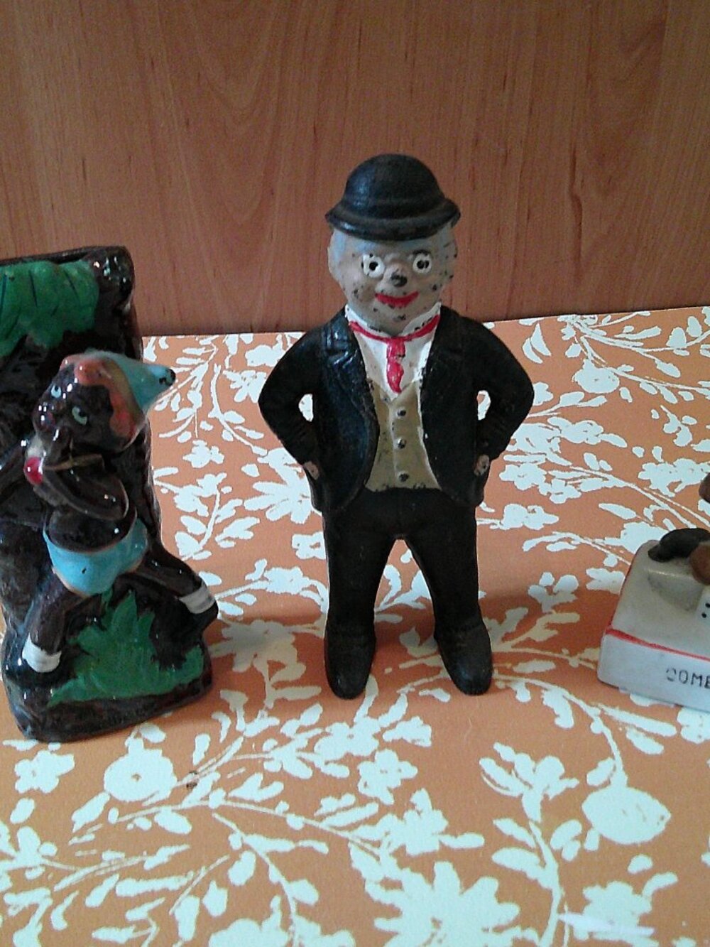 Cast Iron Banker Bank, Ceramic Pixie hanging bud vase Japan, Black Americana